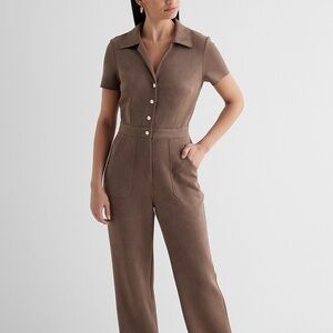 Express Suede V-Neck Button Front Wide Leg Jumpsuit - Brown M